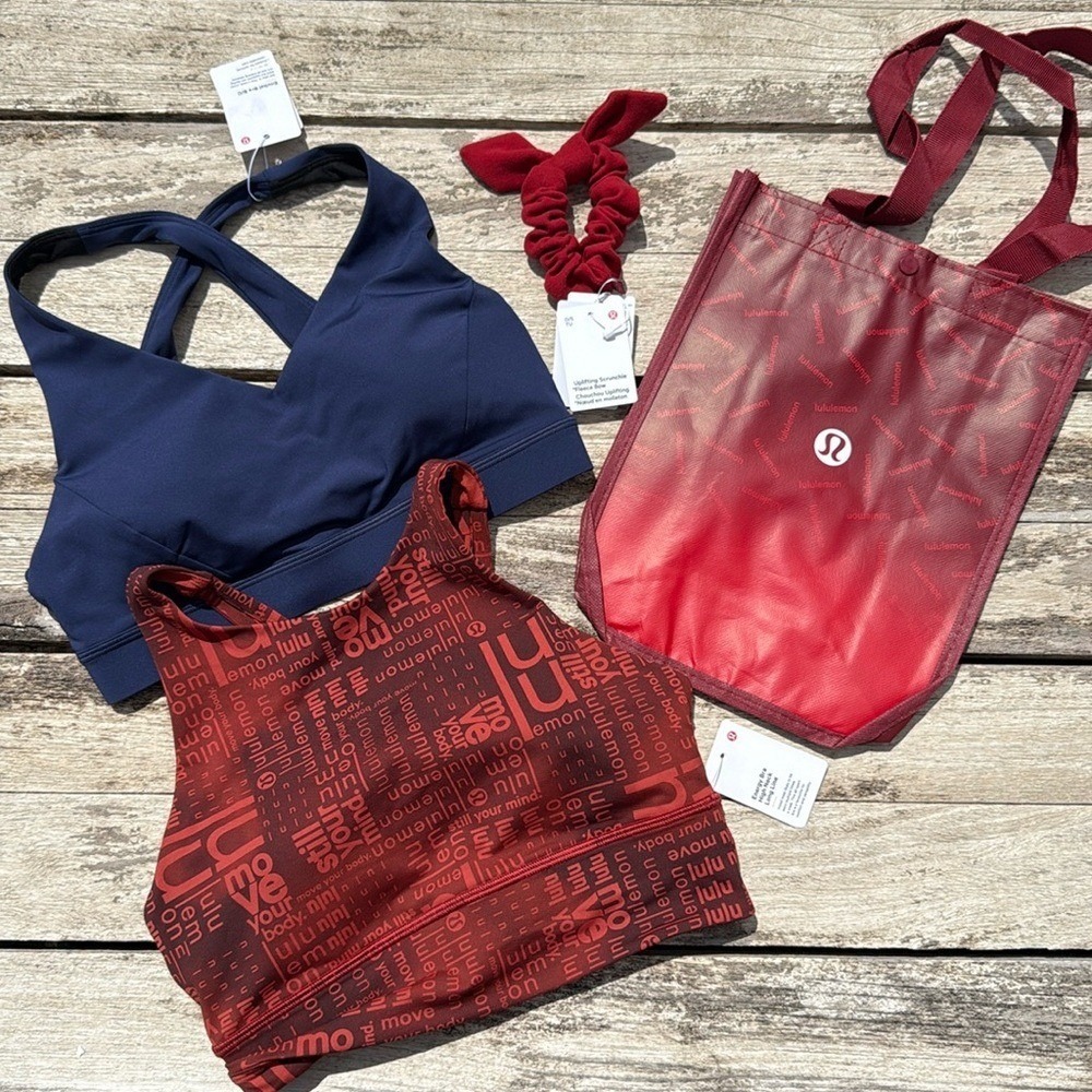Lululemon size 8 B/C 3pc Bundle NWT: 2 Sports Bras + Scrunchie + bag